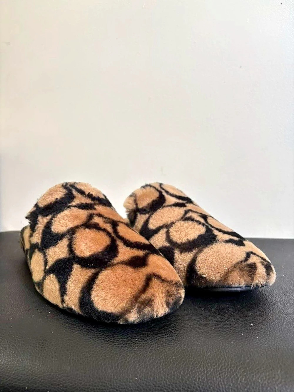 Coach C Sherpa Clog Animal Print Slippers US 8 B Like New